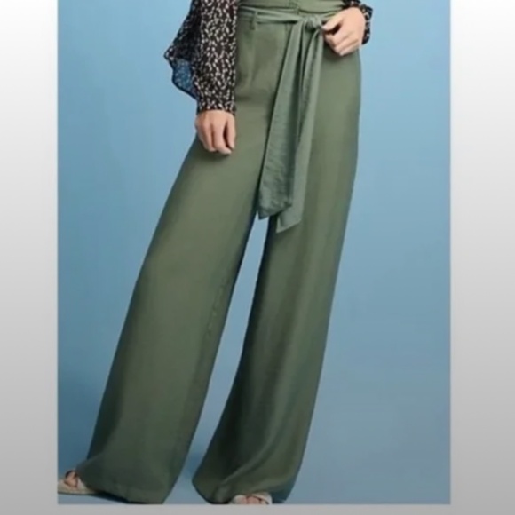 🌿 Anthropologie Maeve Wide-Leg Belted Trousers • Olive Green • Size 0 - Picture 1 of 7